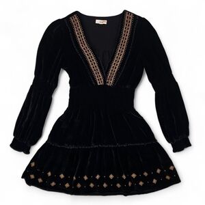 Rahi Black Velvet Embroidered Mini Dress XS Gold Pom Trim Silk Blend Smocked
